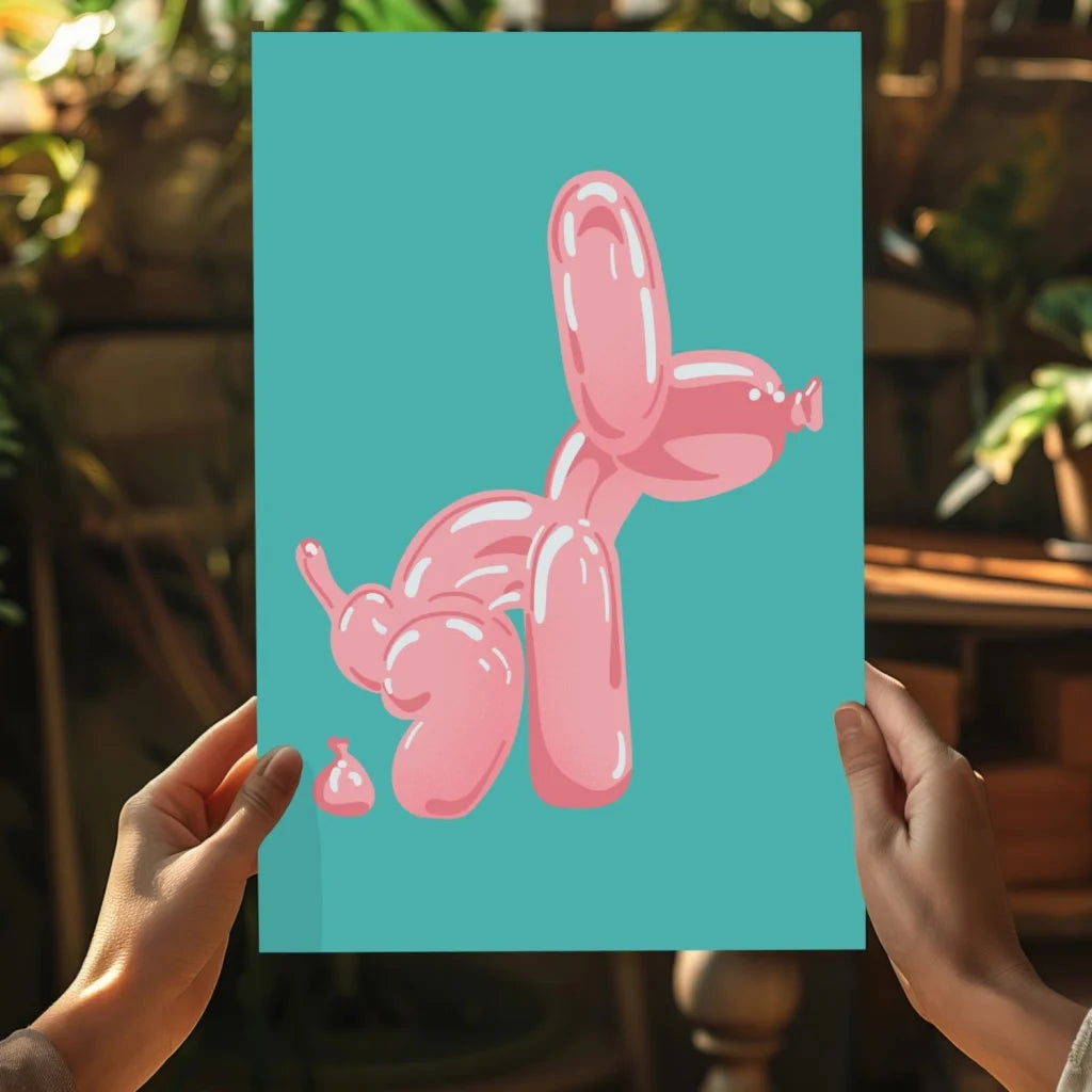 Pink balloon dog art print on teal background