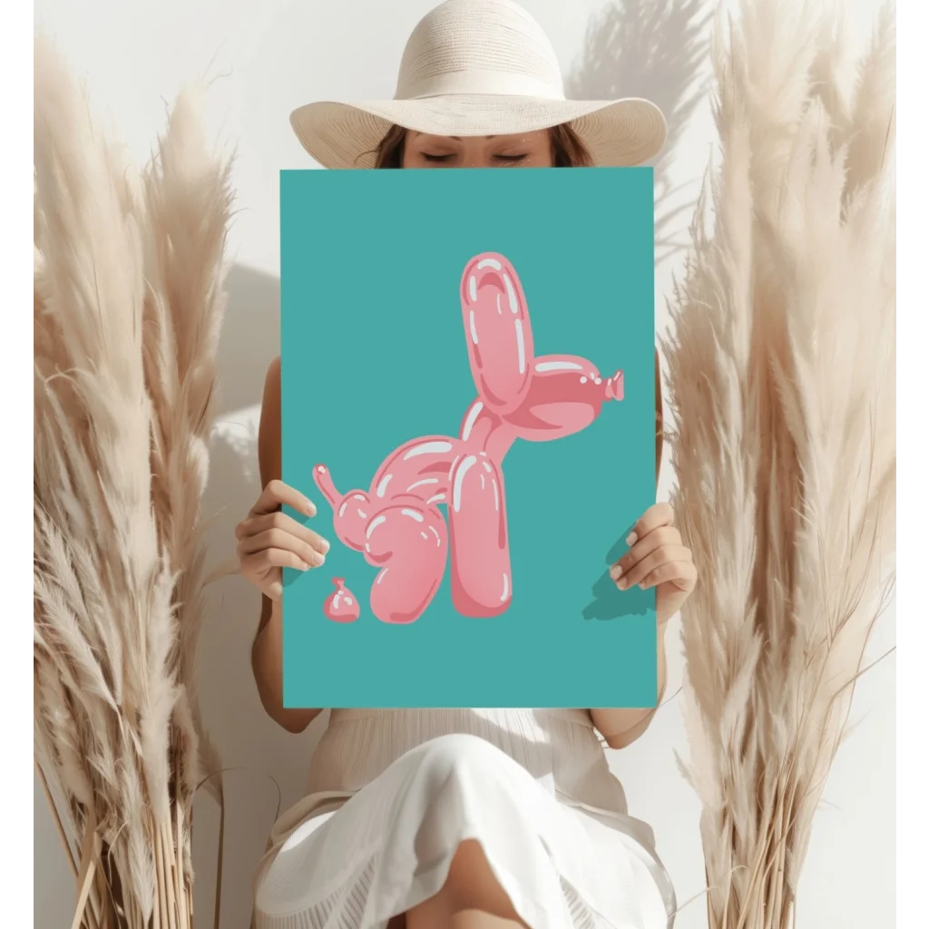 Pink balloon dog art print on teal background