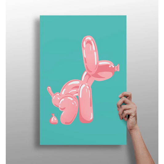 Pink Balloon Dog aluminum art print on teal background