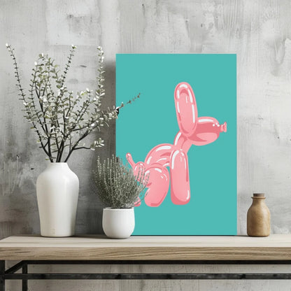 Pink Balloon Dog art print on teal background