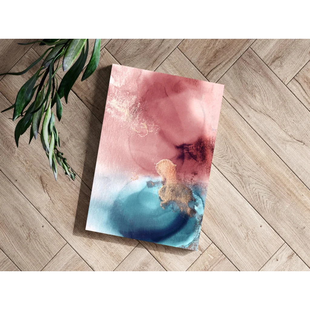 Pink and blue abstract canvas art with gold accents