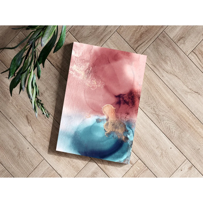 Pink and blue abstract canvas art with gold accents