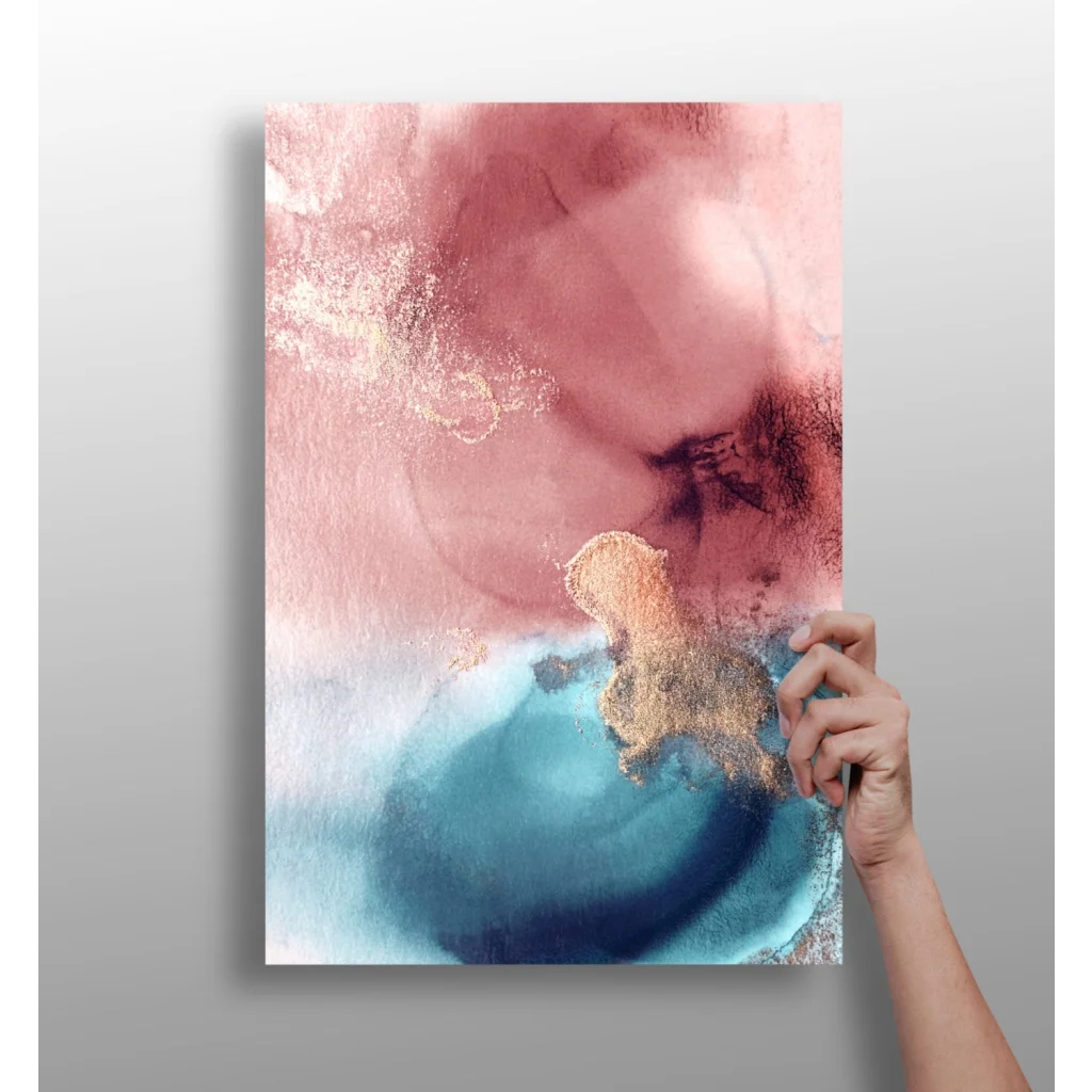 Pastel pink and blue abstract art print with gold accents on matte paper