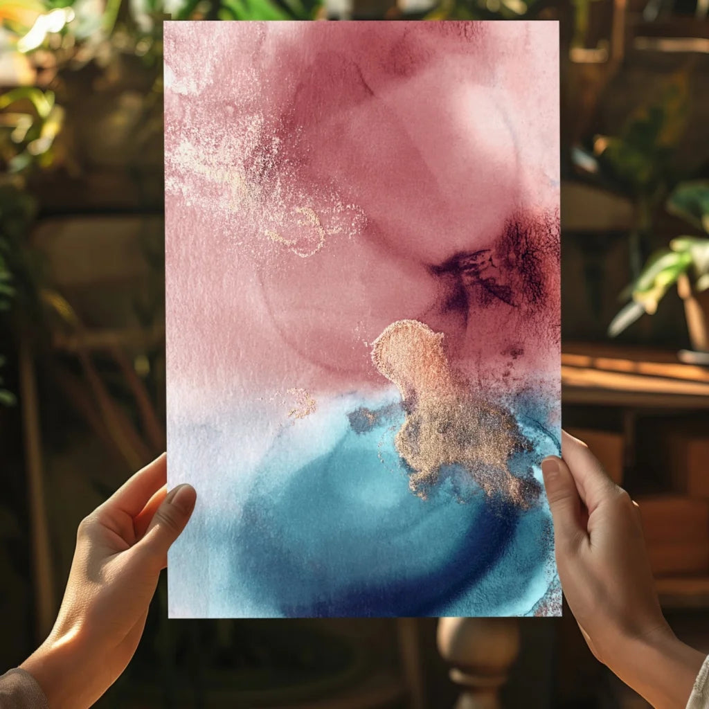 Pastel pink and blue abstract canvas art print with gold accents and textured surface