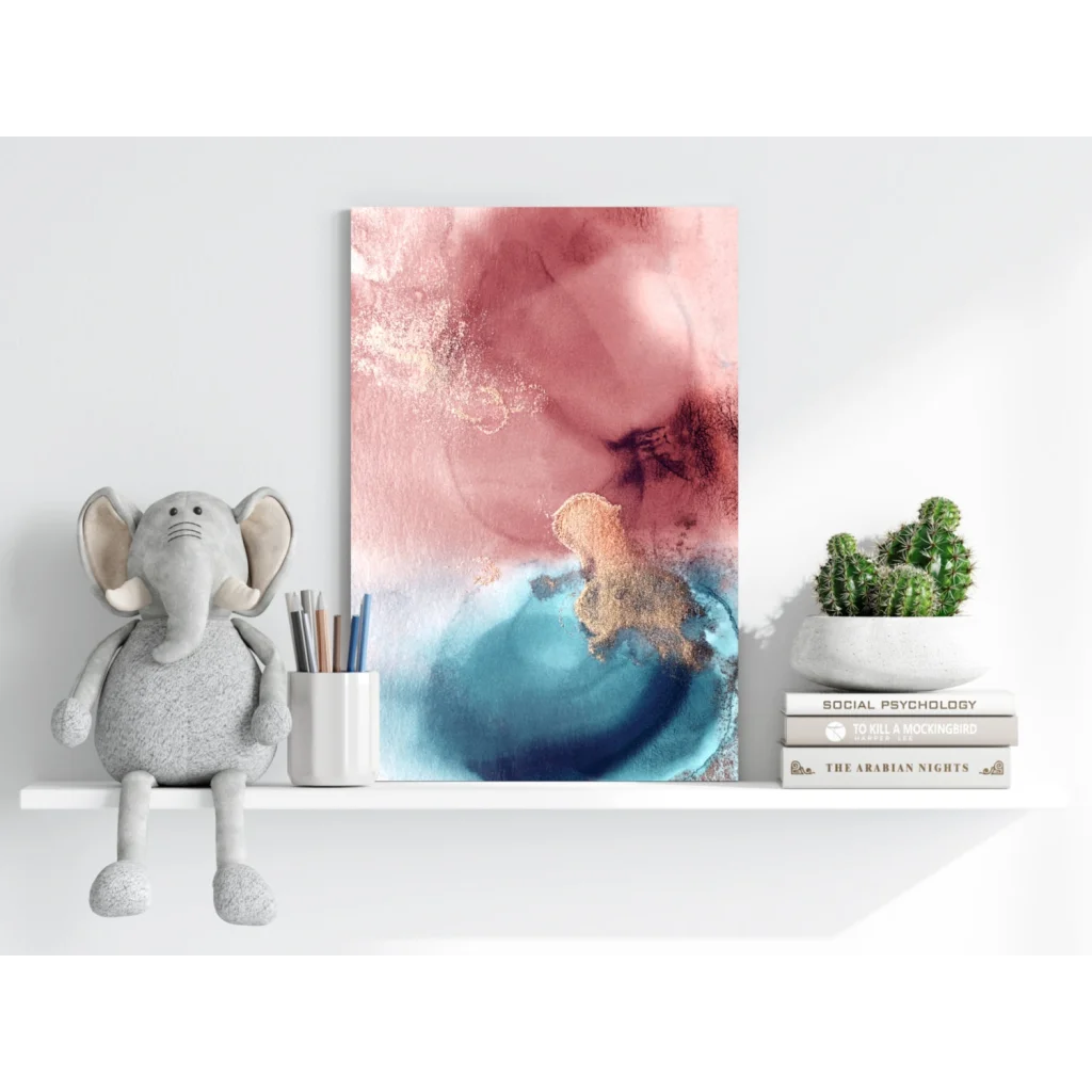 Pastel pink and blue abstract canvas art with gold accents and textured brushstrokes