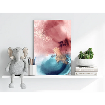 Pastel pink and blue abstract canvas art with gold accents and textured brushstrokes
