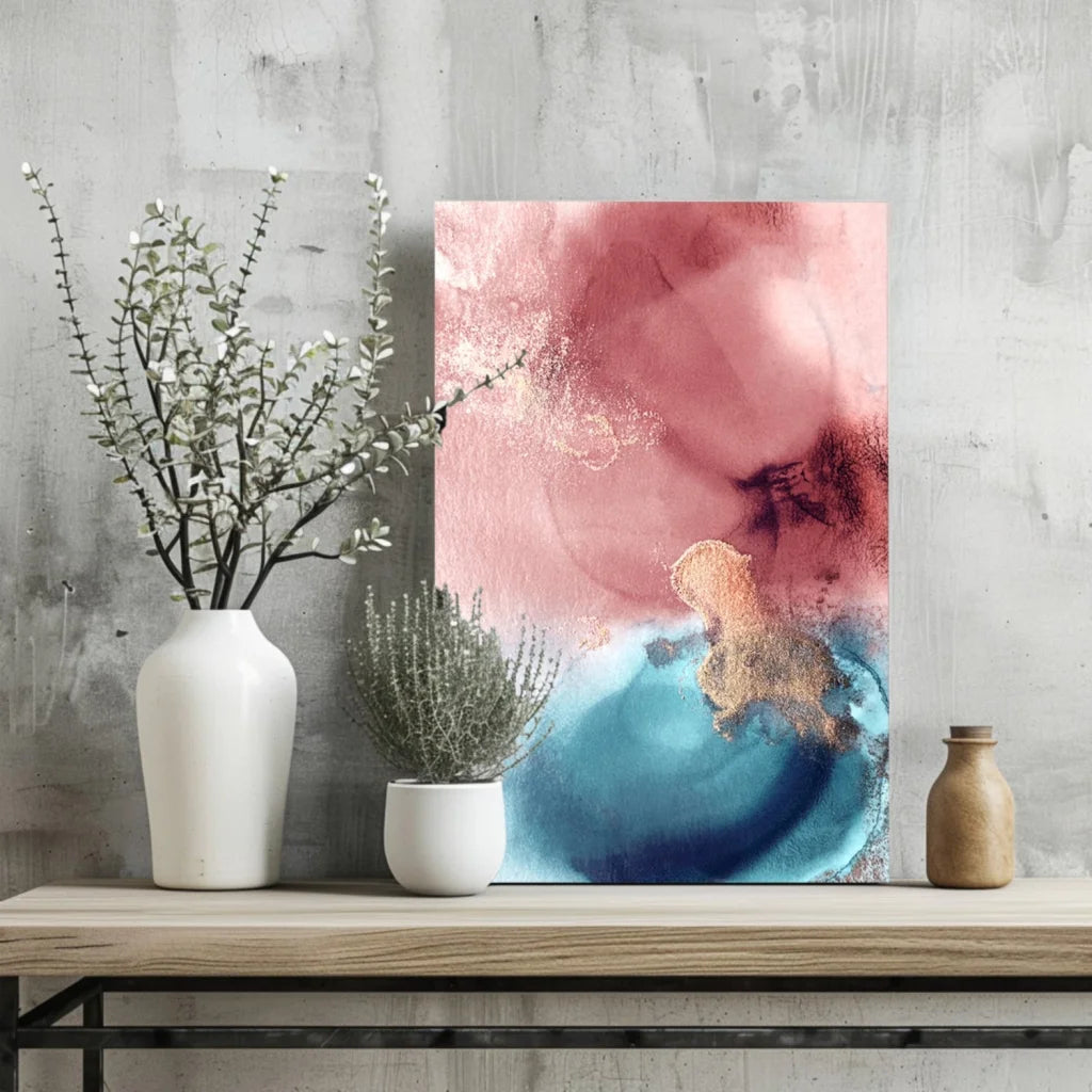 Pink and blue abstract canvas art print with gold accents and textured surface