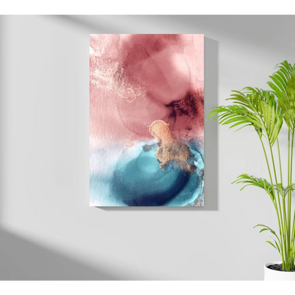 Pink and blue abstract canvas art print with gold accents