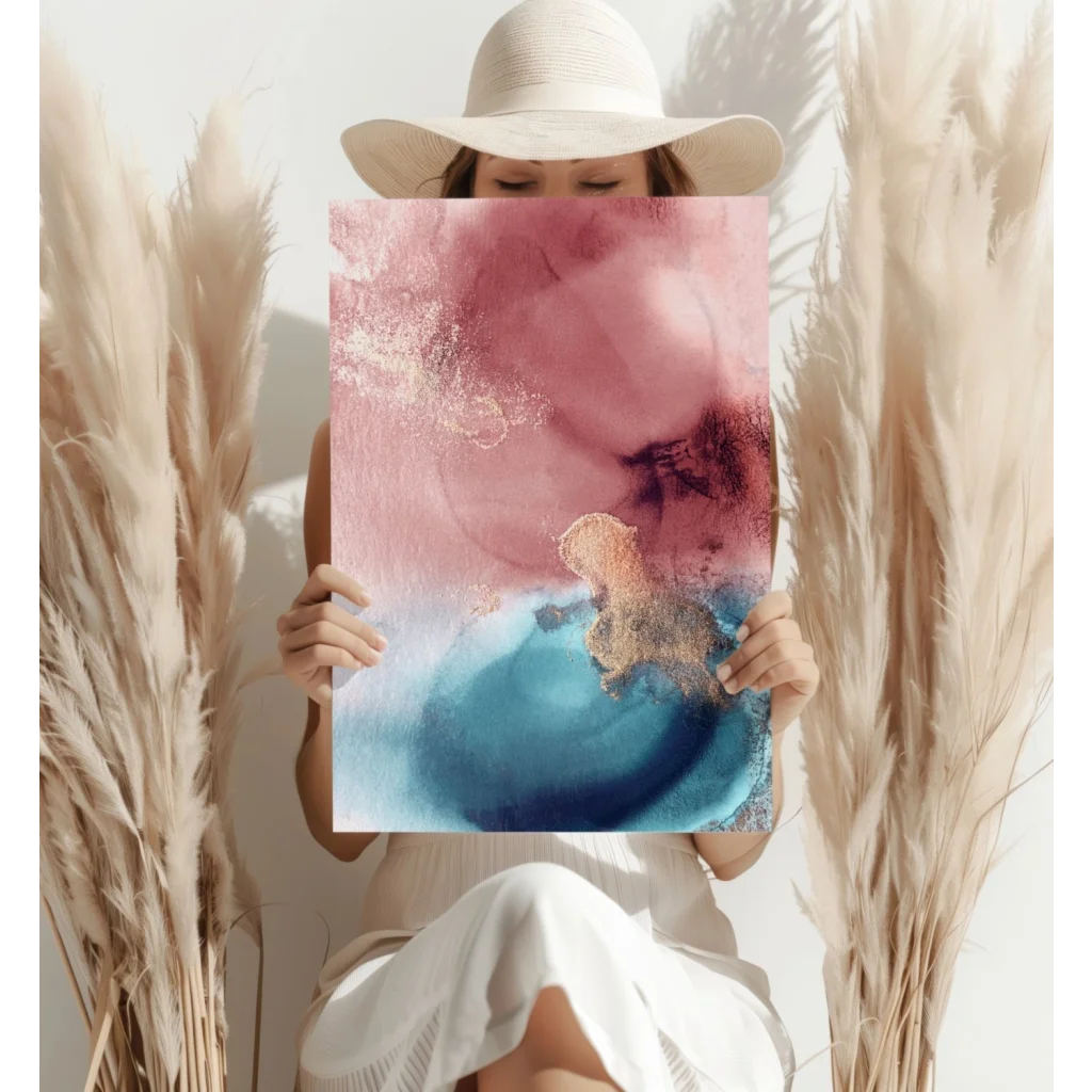 Pink and blue abstract canvas art print with gold accents and white border