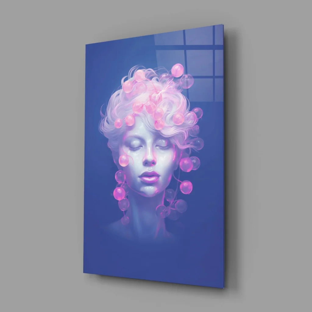 Pink bubble dreams glass wall art: stylized woman with white hair and glowing pink bubbles