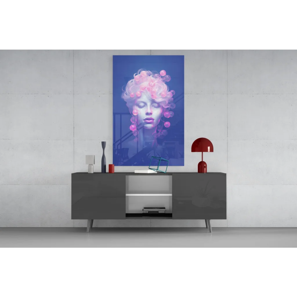 Vibrant Pink Bubble Dreams glass wall art of woman with pink curls