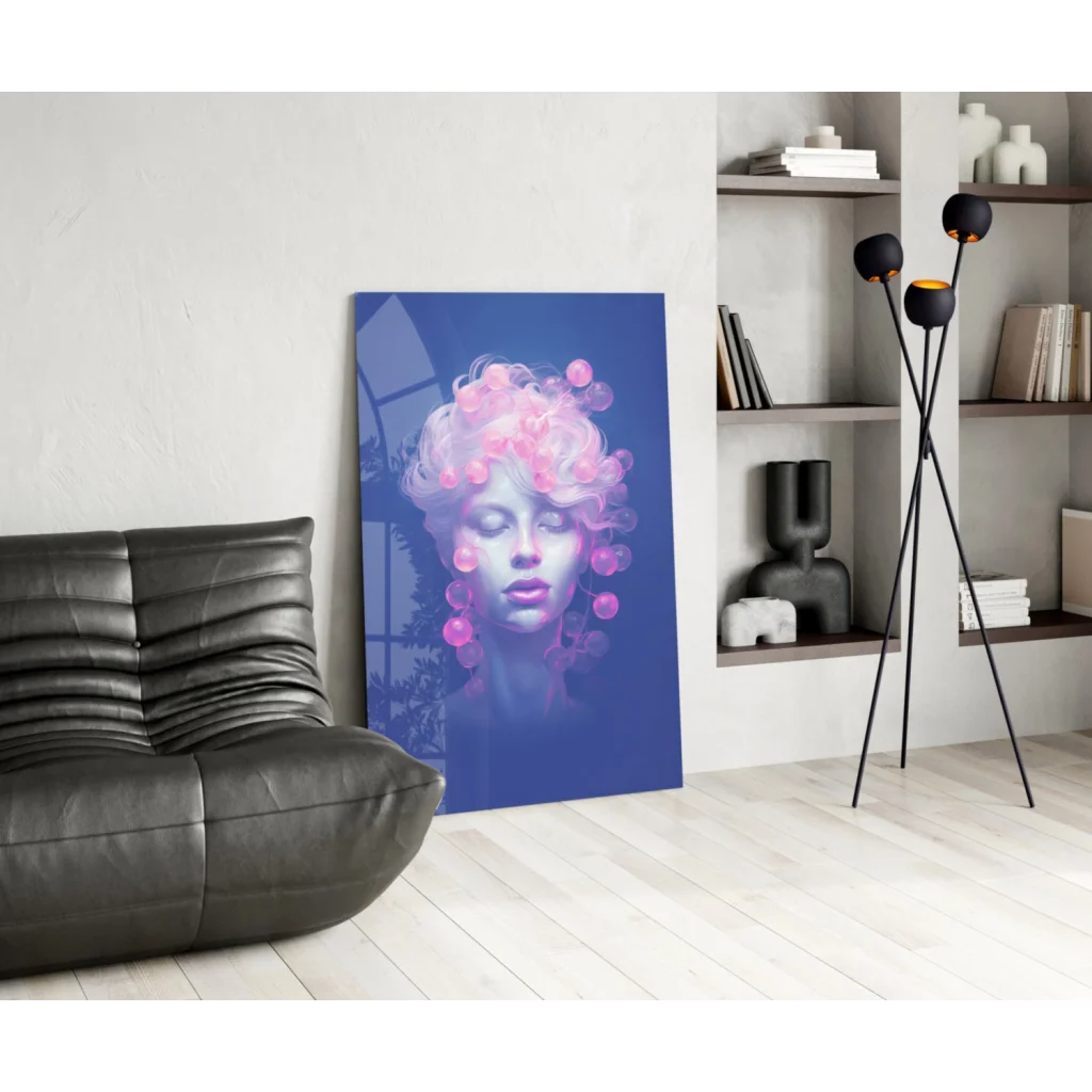 Vibrant pink bubble dreams glass wall art canvas print with stylized portrait