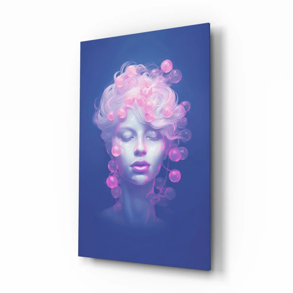 Pink Bubble Dreams glass wall art canvas print with stylized woman and glowing bubbles