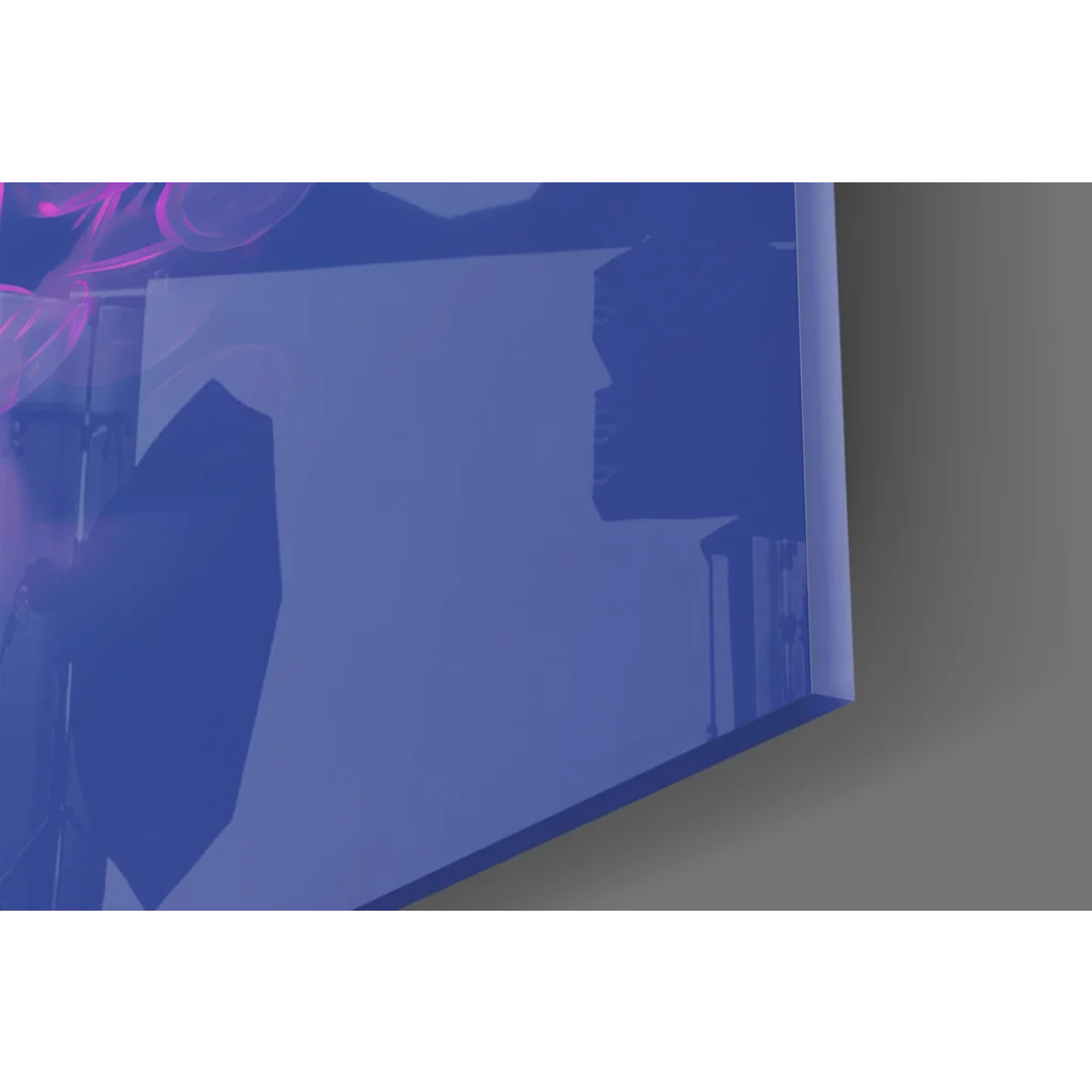 Blue abstract glass wall art with glowing pink accents, Pink Bubble Dreams print