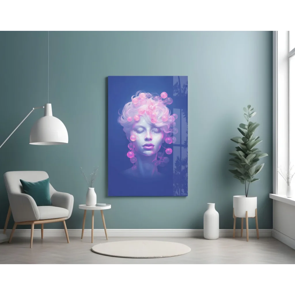 Vibrant woman with pink purple orbs in hair on Pink Bubble Dreams glass wall art canvas