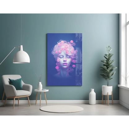 Vibrant woman with pink purple orbs in hair on Pink Bubble Dreams glass wall art canvas
