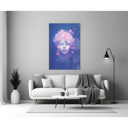 Vibrant woman with pink bubble curls in Pink Bubble Dreams glass wall art