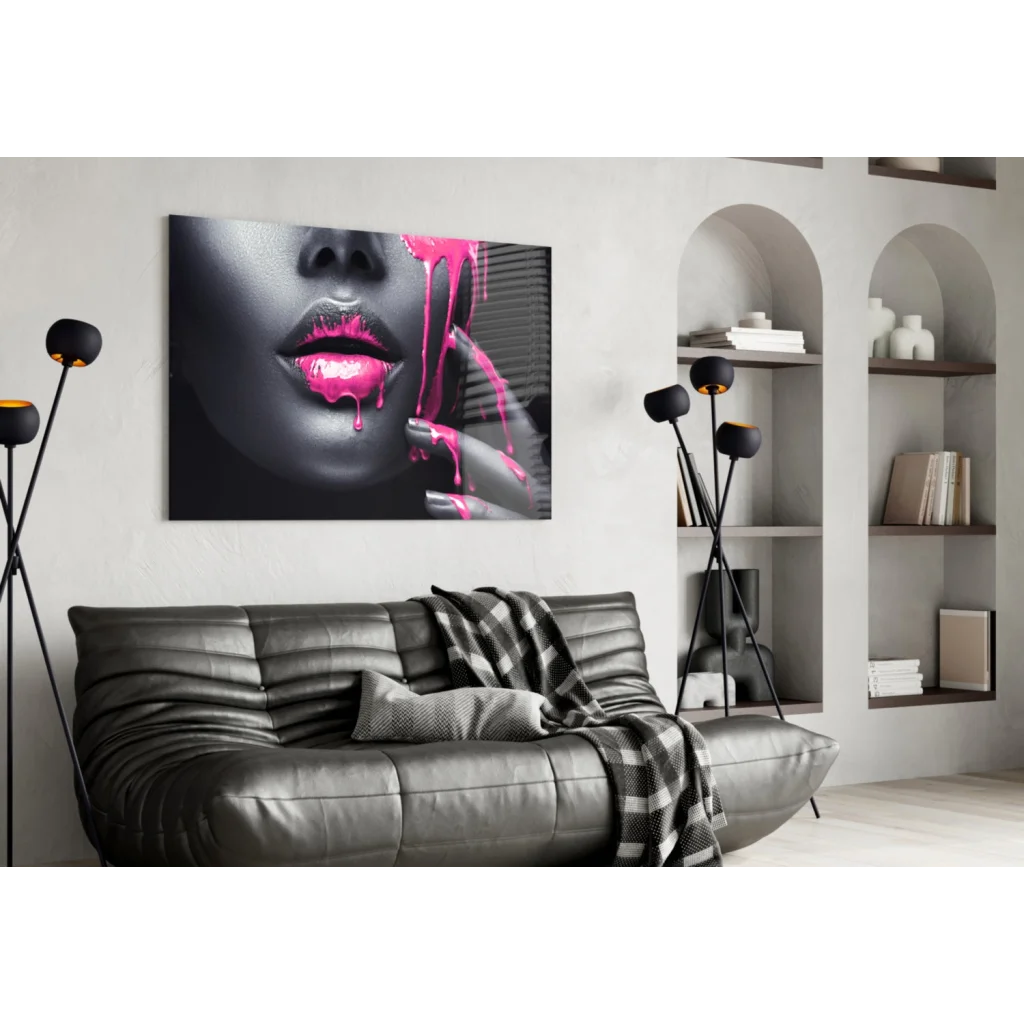 Pink Drip Lips abstract canvas wall art with glossy lips and dripping paint