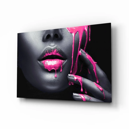Striking pink drip lips canvas wall art print with vibrant paint