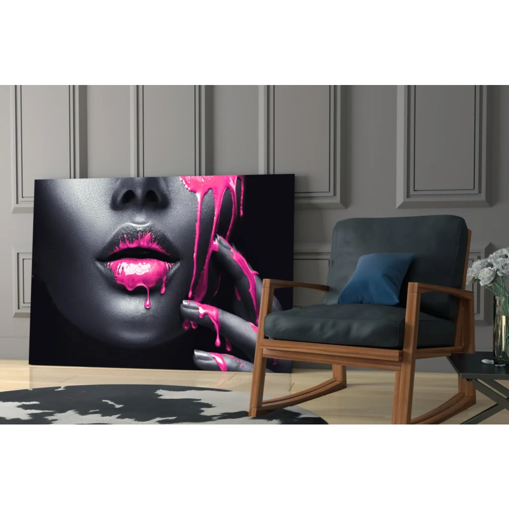 Striking pink drip lips canvas wall art print with dripping paint