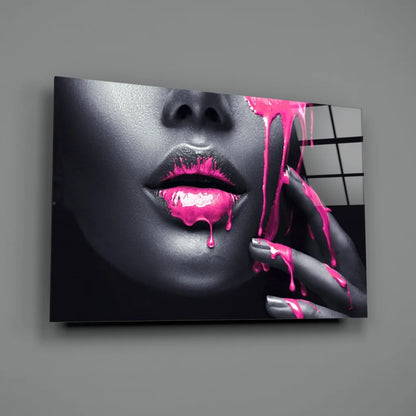 Vibrant pink drip lips canvas wall art print close-up