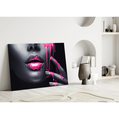 Bold pink drip lips canvas wall art print in black and white