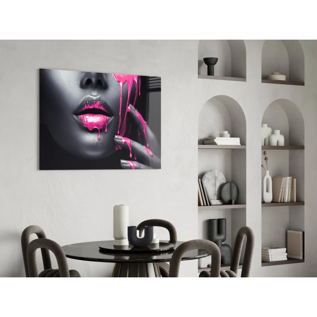 Striking pink drip lips black-and-white canvas wall art print
