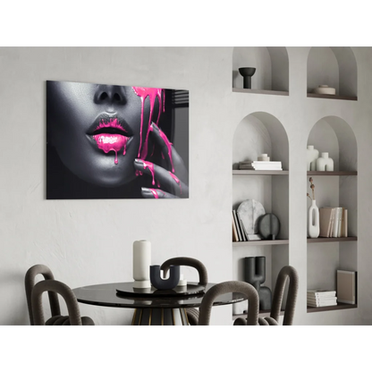 Striking pink drip lips black-and-white canvas wall art print