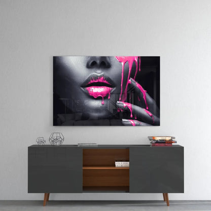 Vibrant pink drip lips pop art canvas wall art print