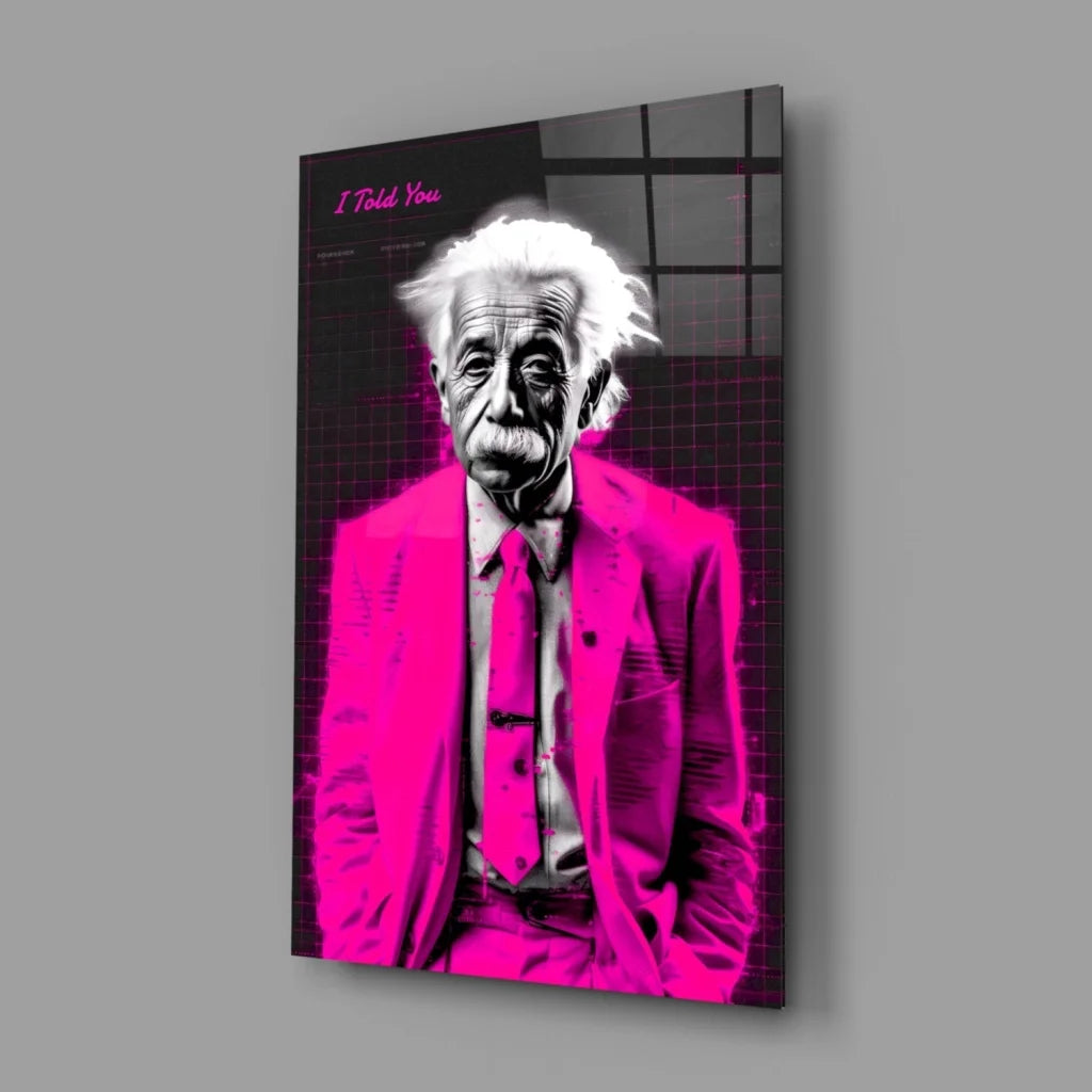 Pink suit Albert Einstein glass wall art poster
