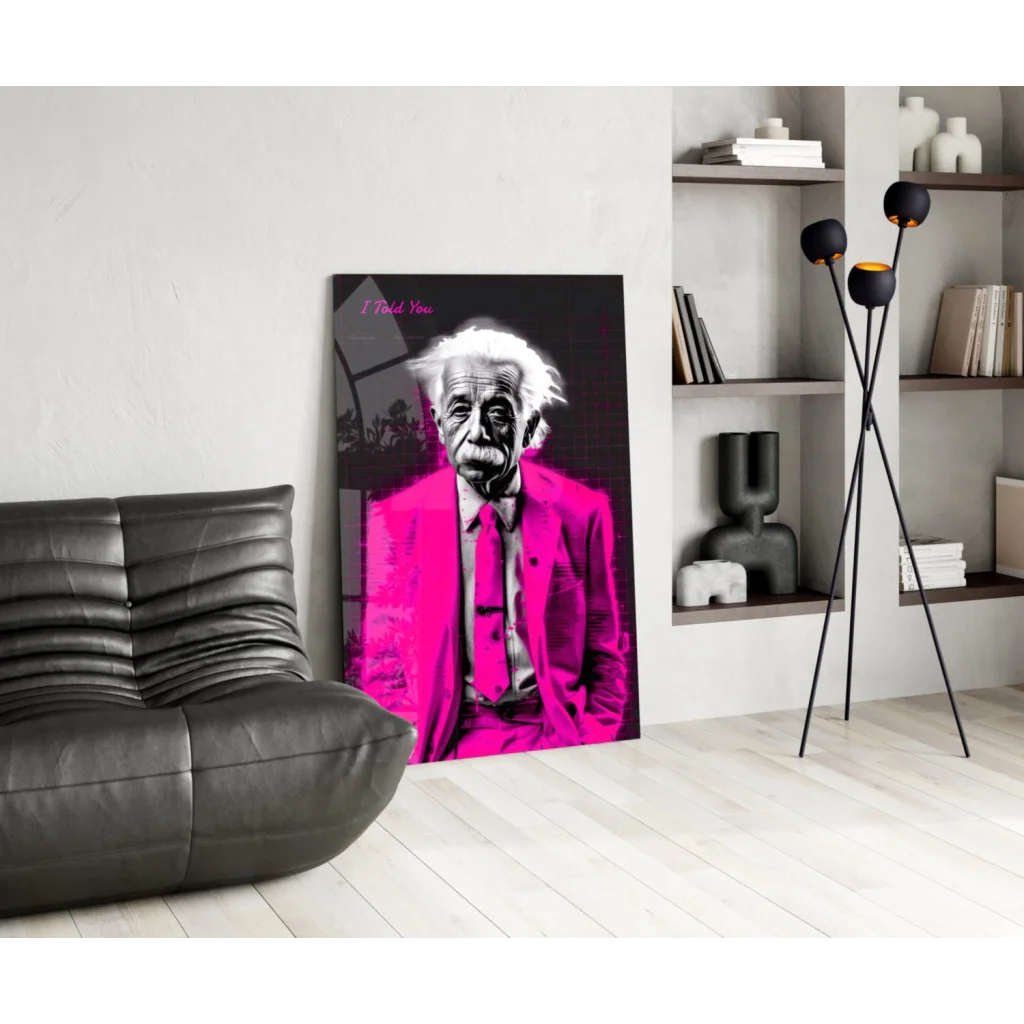 Pink suit Albert Einstein glass wall art poster