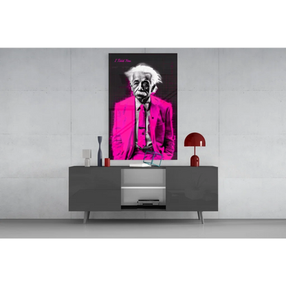 Pink-suited Albert Einstein glass wall art poster