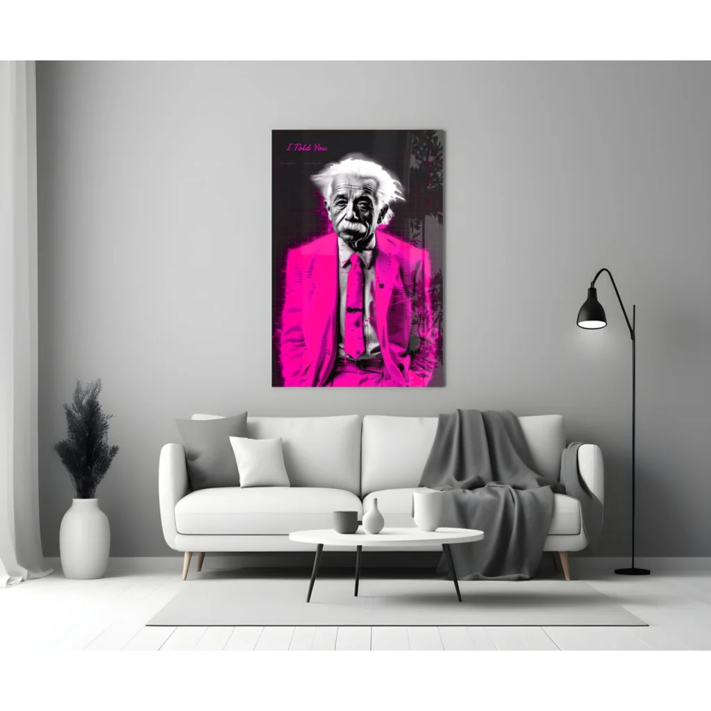 Pink Einstein glass wall art poster in stylish suit