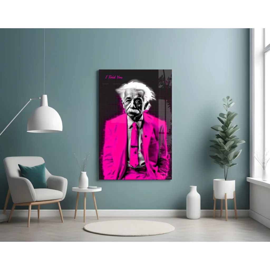 Pink Einstein glass wall art poster in stylish suit on canvas
