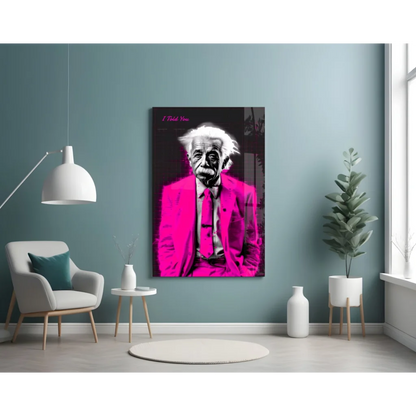Pink Einstein glass wall art poster in stylish suit on canvas