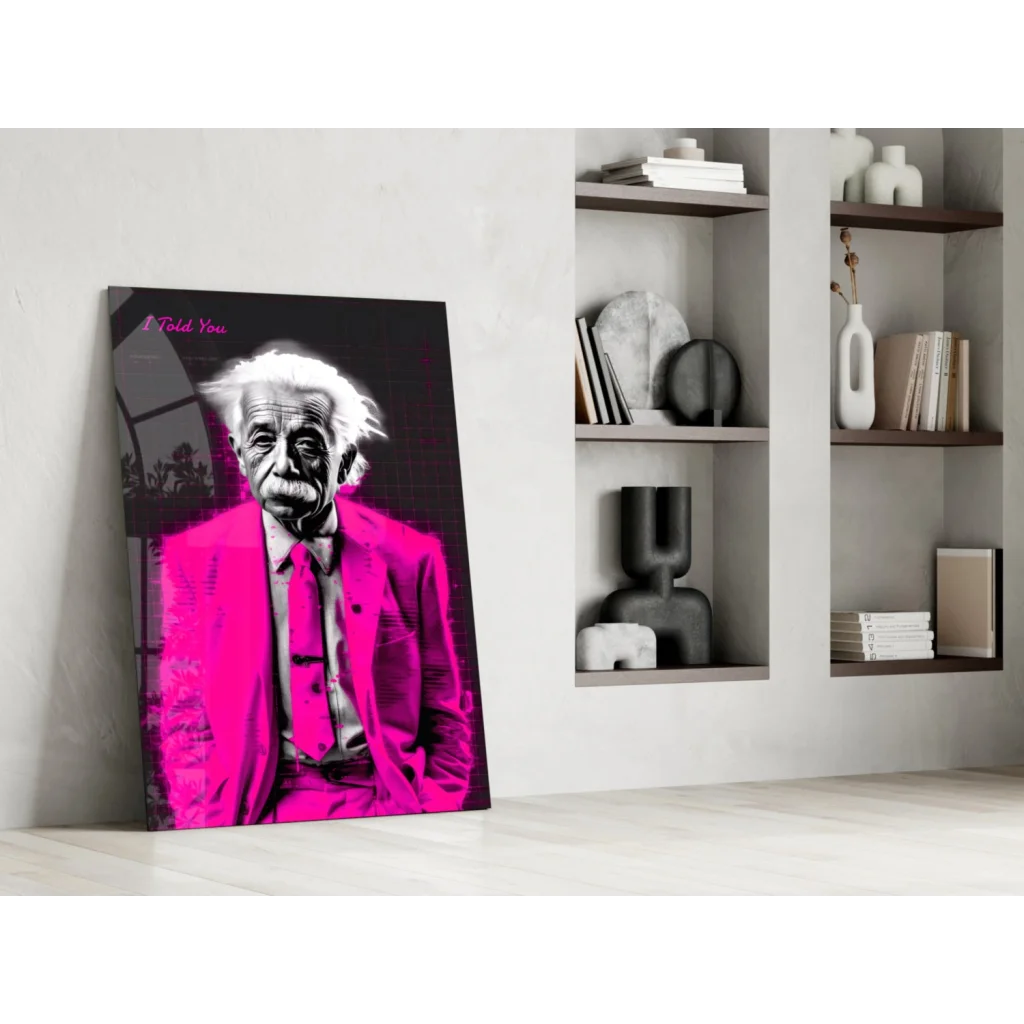 Pink suit Albert Einstein glass wall art print