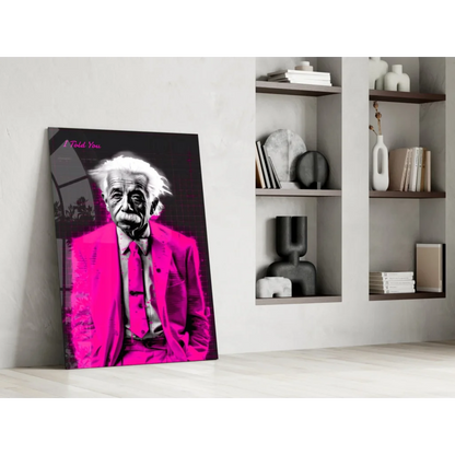 Pink suit Albert Einstein glass wall art print