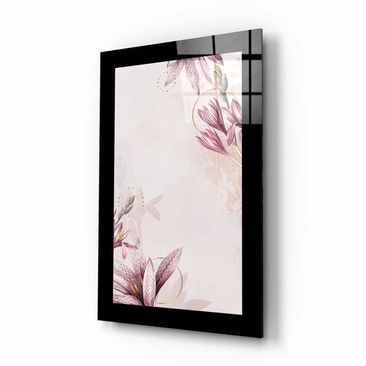 Pink Feather glass wall art with pink purple florals and gold accents