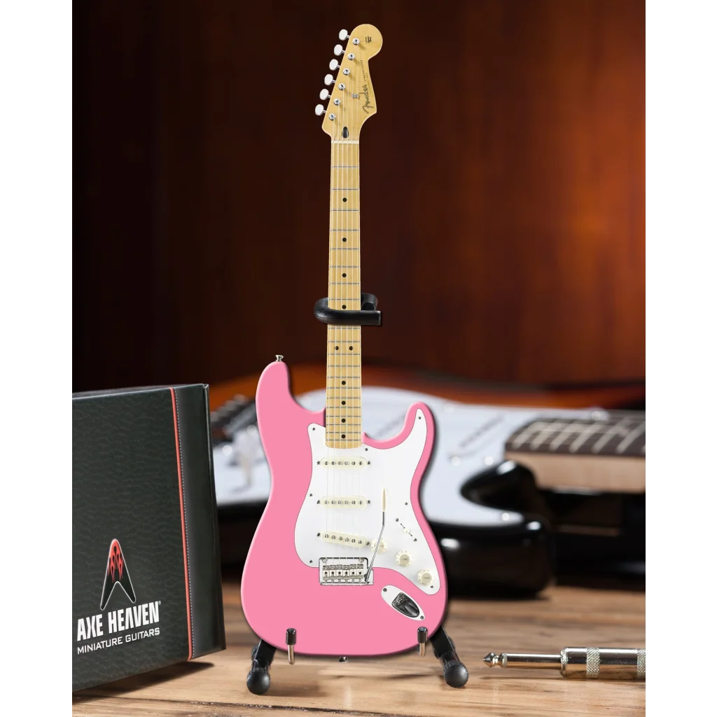 Pink Axe Heaven Fender Strat miniature guitar in case gift