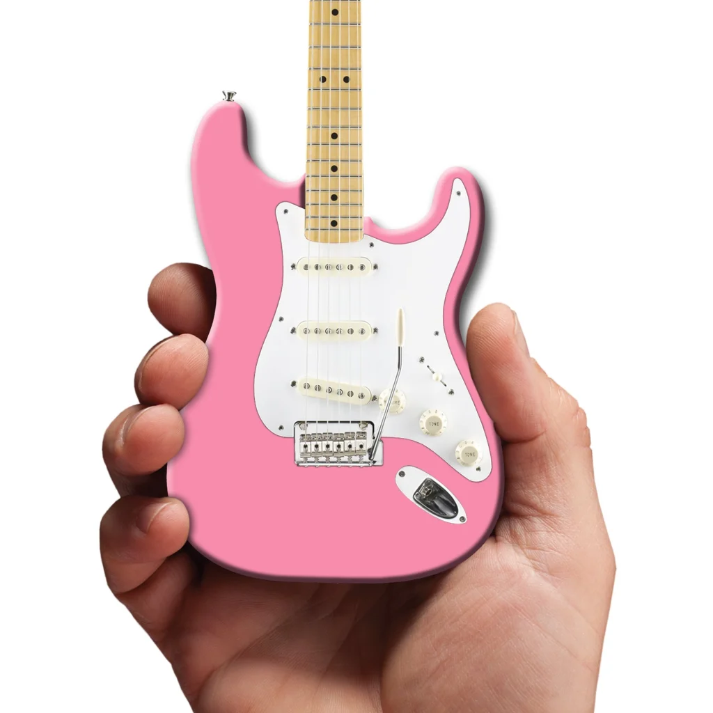 Mini pink Fender Strat model with maple neck in Axe Heaven guitar case gift