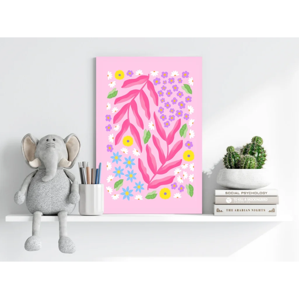 Vibrant pink floral burst aluminum print with fuchsia leaves and purple yellow white blooms