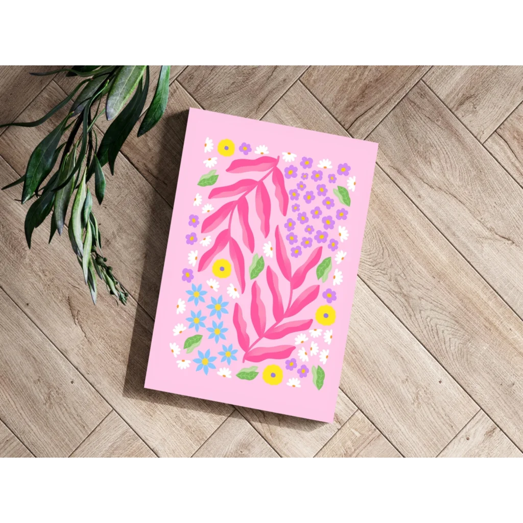 Pink Floral Burst aluminum print with purple and yellow blooms