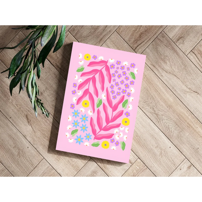 Pink Floral Burst aluminum print with purple and yellow blooms