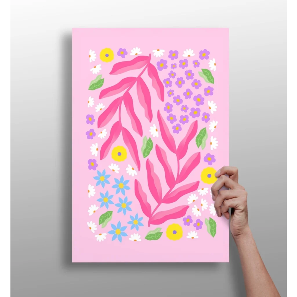 Vibrant pink floral burst aluminum print with purple and yellow blooms
