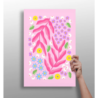 Vibrant pink floral burst aluminum print with purple and yellow blooms