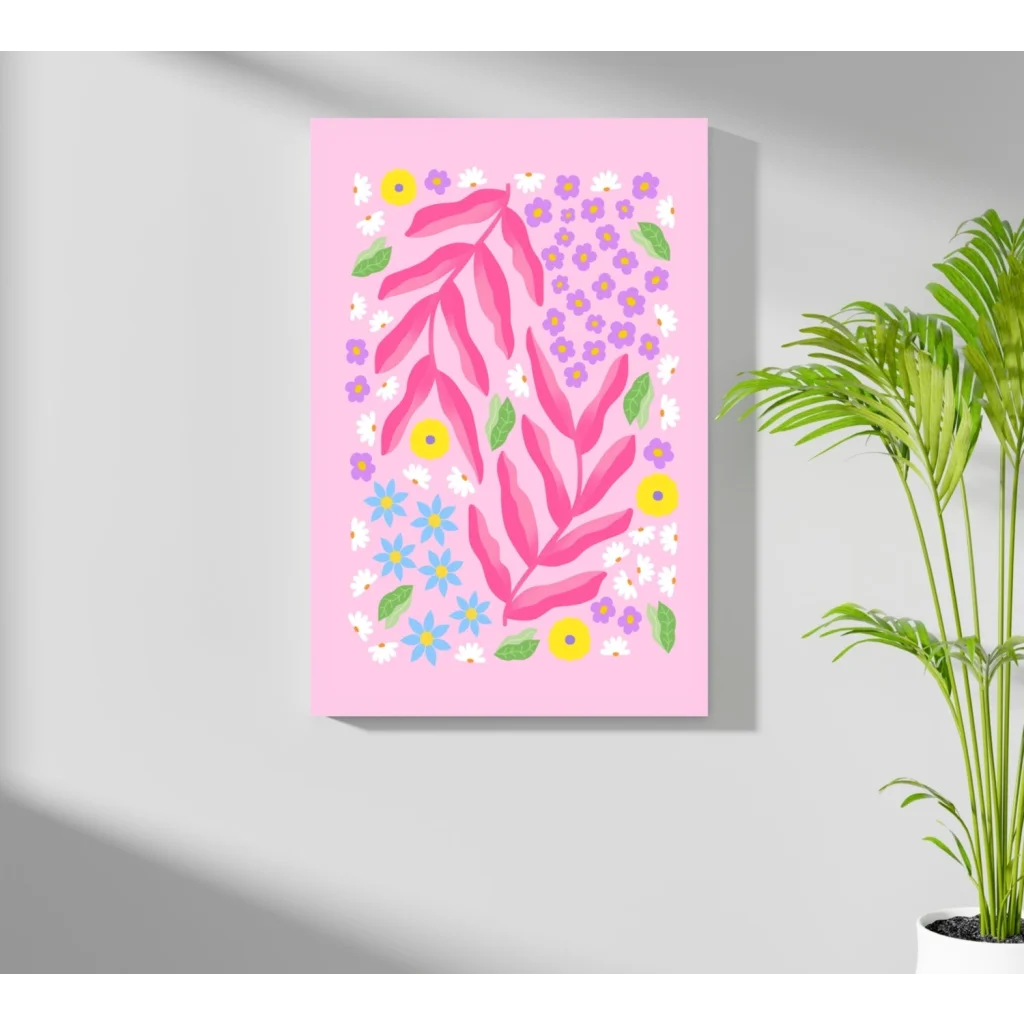 Vibrant Pink Floral Burst aluminum print with fuchsia leaves and colorful blooms