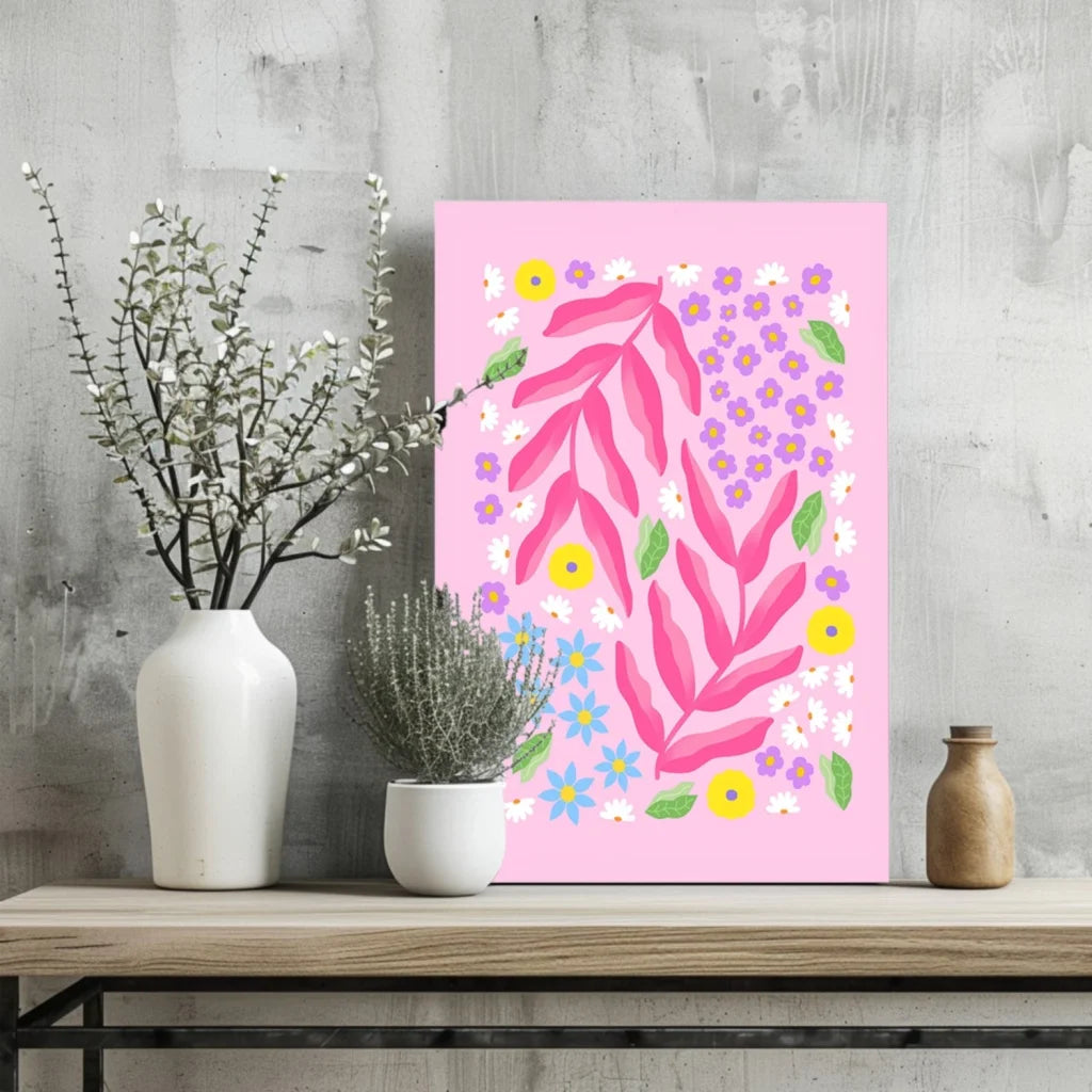 Vibrant pink floral burst aluminum print with fuchsia leaves and colorful blooms