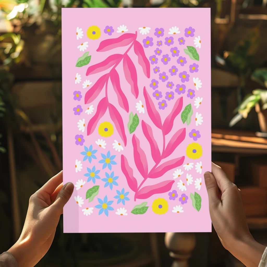 Vibrant pink floral burst aluminum print with purple daisies and yellow blooms