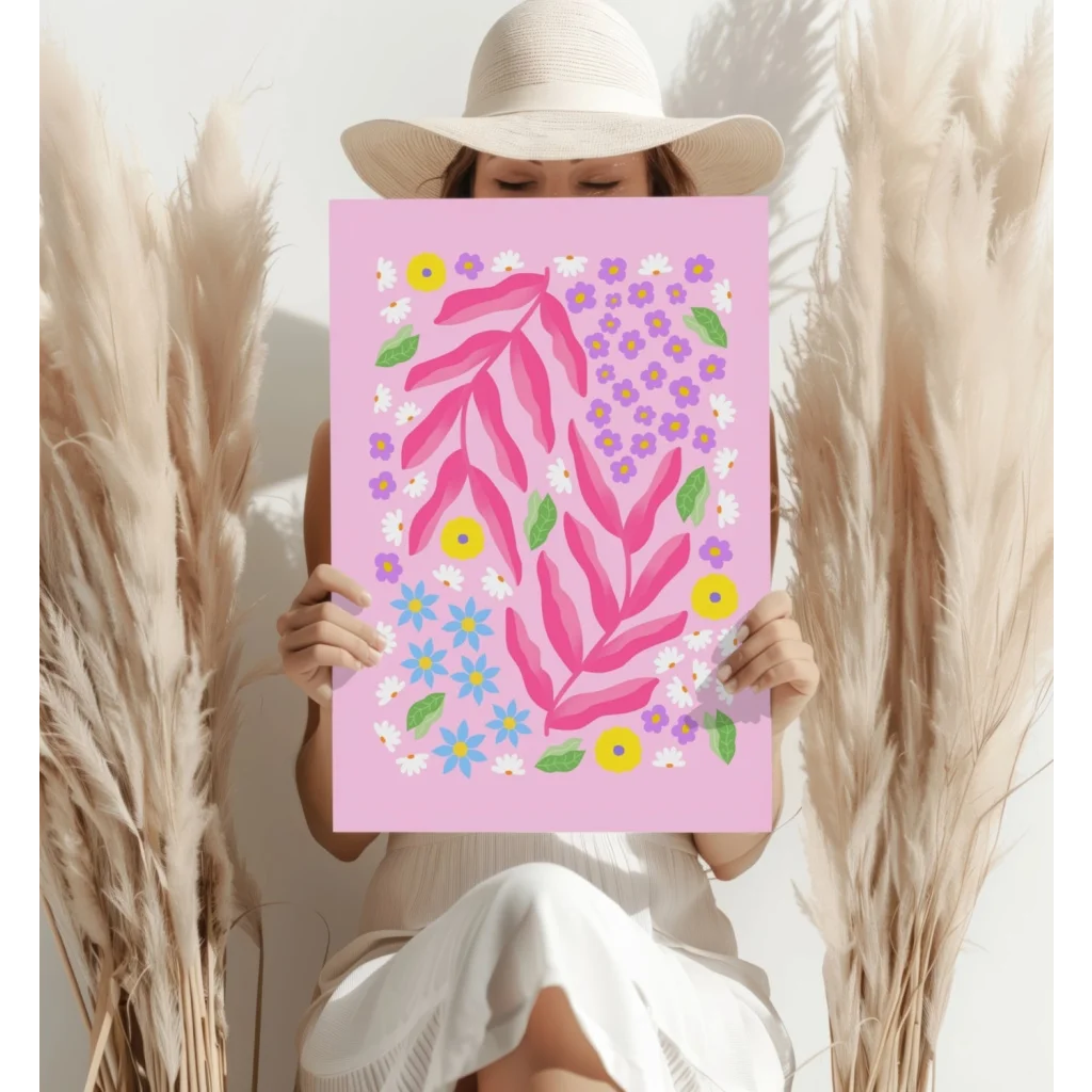 Pink Floral Burst aluminum print with purple yellow blooms and pink leaves