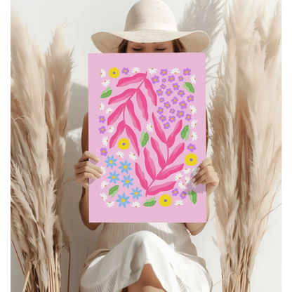 Pink Floral Burst aluminum print with purple yellow blooms and pink leaves